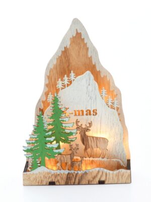 ΧΡΙΣΤΟΥΓΕΝΝΙΑΤΙΚΗ ΔΙΑΚΟΣΜΗΤΙΚΗ ΞΥΛΙΝΗ ΒΑΣΗ ΜΕ ΔΕΝΤΡΑ & ΤΑΡΑΝΔΟΥΣ 8 LED ΘΕΡΜΟ ΛΕΥΚΟ ΜΕ ΜΠΑΤΑΤΑΡΙΕΣ 2XAA IP20 143Χ55x215mm