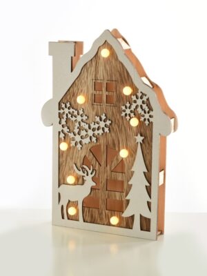 ΧΡΙΣΤΟΥΓΕΝΝΙΑΤΙΚΗ ΔΙΑΚΟΣΜΗΤΙΚΗ ΞΥΛΙΝΗ ΒΑΣΗ ΜΕ ΣΠΙΤΙ 9 LED ΘΕΡΜΟ ΛΕΥΚΟ ΜΕ ΜΠΑΤΑΤΑΡΙΕΣ 2XAA IP20 190Χ40x290mm