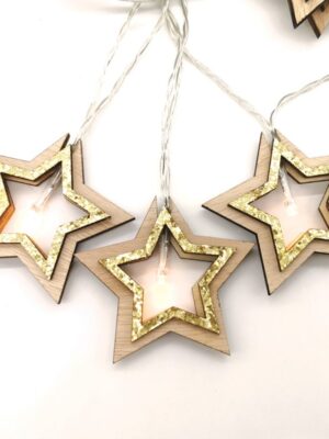 ΔΙΑΚΟΣΜΗΤΙΚΑ ΛΑΜΠΑΚΙΑ ΞΥΛΙΝΑ ΑΣΤΕΡΙΑ ΧΡΥΣΑ ΜΕ ΓΚΛΙΤΕΡ 10 LED ΣΕ ΣΕΙΡΑ ΘΕΡΜΟ ΛΕΥΚΟ ΜΠΑΤΑΡΙΕΣ 3xΑΑ ΜΕ ΚΑΛΩΔΙΟ ΔΙΑΦΑΝΟ 300mm IP20 1350mm