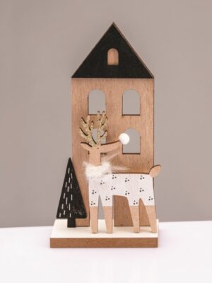 ΧΡΙΣΤΟΥΓΕΝΝΙΑΤΙΚΟ ΔΙΑΚΟΣΜΗΤΙΚΟ ΞΥΛΙΝΟ ΣΠΙΤΙ ΜΕ ΔΕΝΤΡΟ & ΤΑΡΑΝΔΟ ΜΟΤΙΦ 190*50*90mm