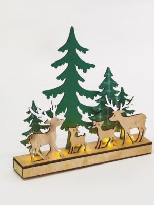 ΧΡΙΣΤΟΥΓΕΝΝΙΑΤΙΚΗ ΔΙΑΚΟΣΜΗΤΙΚΗ ΞΥΛΙΝΗ ΒΑΣΗ ΜΕ ΔΕΝΤΡΑ & 4 ΤΑΡΑΝΔΟΥΣ 5 MINI LED ΘΕΡΜΟ ΛΕΥΚΟ ΜΕ ΜΠΑΤΑΤΑΡΙΕΣ 2XAA IP20 300x60x285mm