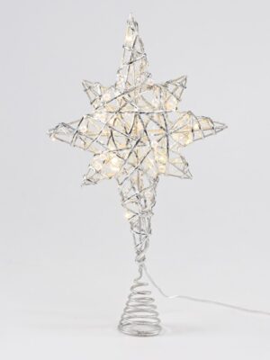 ΚΟΡΥΦΗ ΔΕΝΤΡΟΥ ΑΣΤΕΡΙ ΑΣΗΜΙ ΜΕ ΛΕΥΚΕΣ ΠΕΡΛΕΣ 20 MINI LED ΘΕΡΜΟ ΛΕΥΚΟ ΜΠΑΤΑΡΙΑΣ 3xAA IP20 370x50x200mm