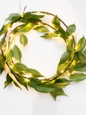 ΛΑΜΠΑΚΙΑ ΔΙΑΚΟΣΜΗΤΙΚΑ ΣΧΕΔΙΟ ΧΡΙΣΤΟΥΓΕΝΝΙΑΤΙΚΟ ΣΤΕΦΑΝΙ ΜΕ ΠΡΑΣΙΝΑ ΦΥΛΛΑ 30 MINI LED ΘΕΡΜΟ ΛΕΥΚΟ ΚΑΛΩΔΙΟ ΧΑΛΚΟΥ ΚΑΙ ΜΠΑΤΑΡΙΑ 3xAA IP20 1200mm